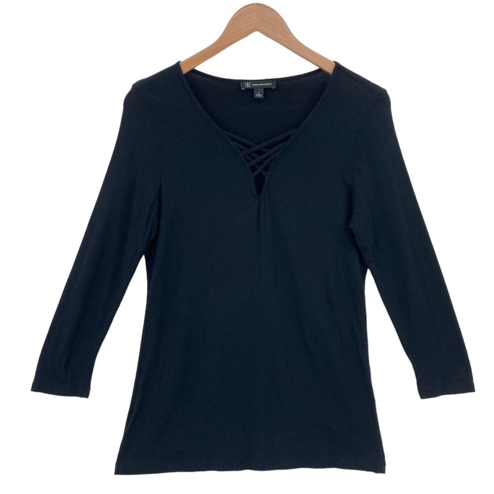 INC International Concepts Blouse Top Women Small Black Cotton Long Sleeve VNeck